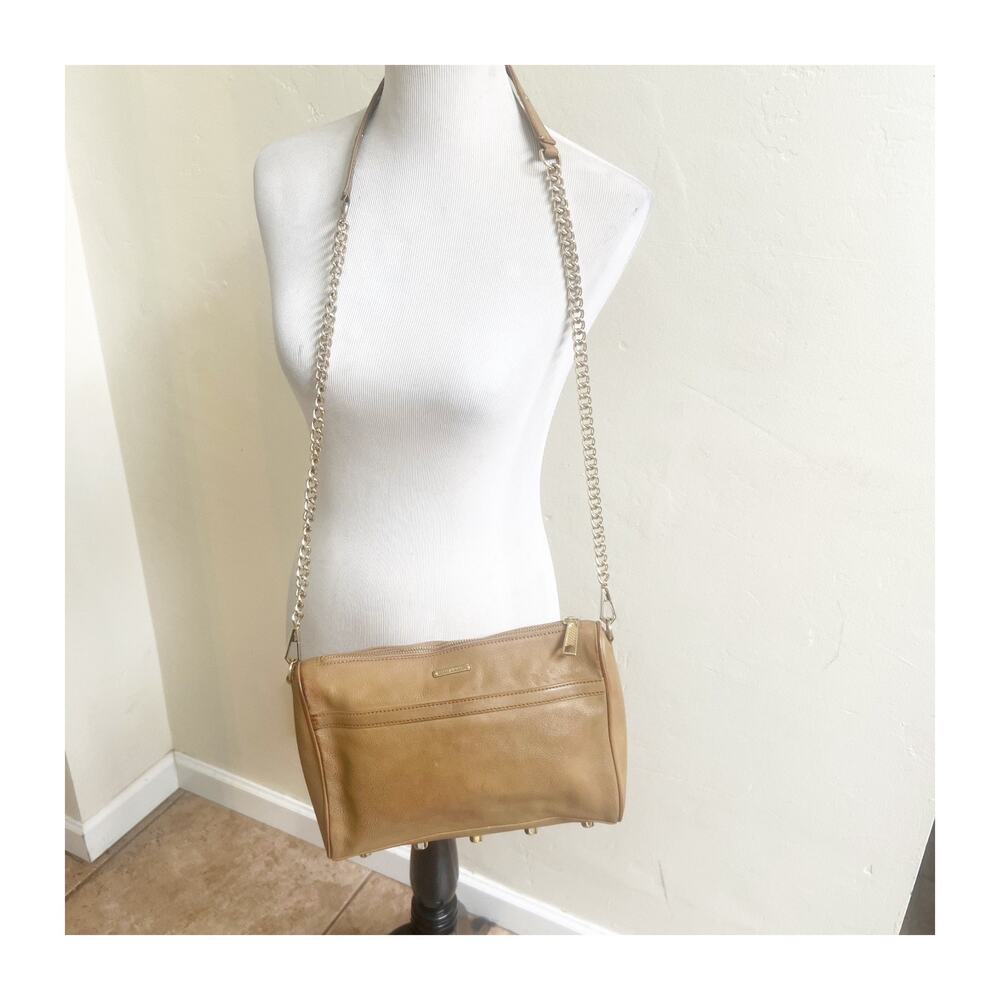 Rebecca Minkoff Crossbody Bag Womens Tan Leather Gold Chain Strap Shoulder Chic